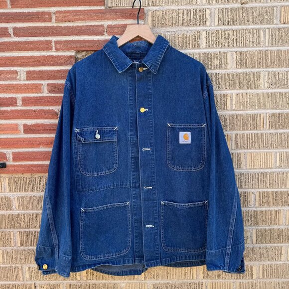 Vintage 1989 CARHARTT 100 yr style Denim Chore Jacket USA size L (flaw-hole) - Picture 1 of 6